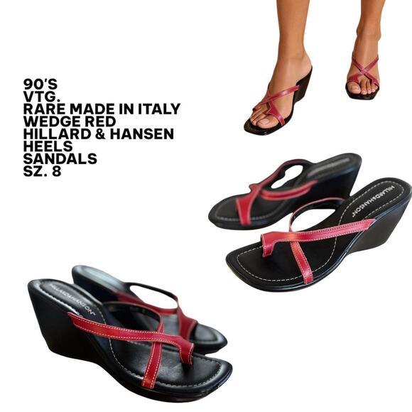 90'S VTG. RARE MADE IN ITALY RED LEATHER HILLARD & HANSEN CHUNKY WEDGE SANDALS 8 - Picture 1 of 7